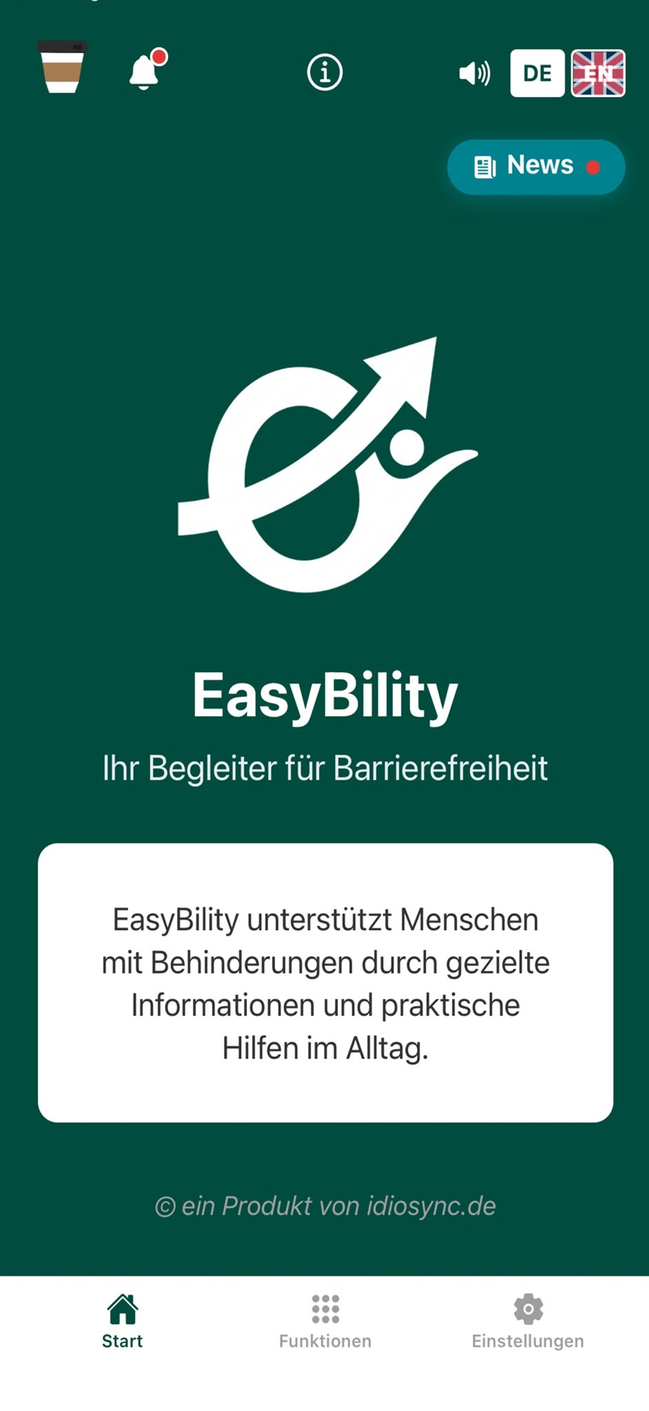 Startbildschirm der App EasyBility: das Logo auf dunkelgrünem Grund, darunter der Satz „EasyBility unterstützt Menschen mit Behinderungen durch gezielte Informationen und praktische Hilfen im Alltag“ und ein Suchfeld für Artikel und Themen.
