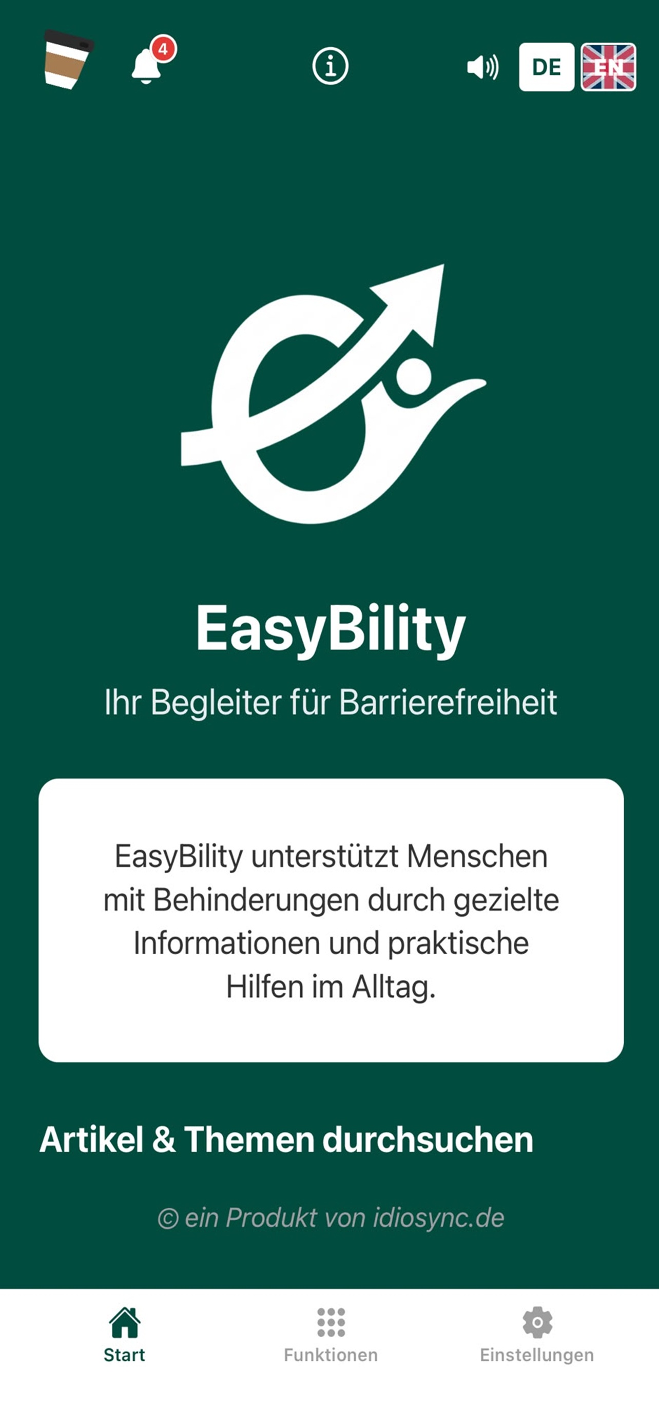 Startbildschirm der App EasyBility: das Logo auf dunkelgrünem Grund, darunter der Satz „EasyBility unterstützt Menschen mit Behinderungen durch gezielte Informationen und praktische Hilfen im Alltag“ und ein Suchfeld für Artikel und Themen.