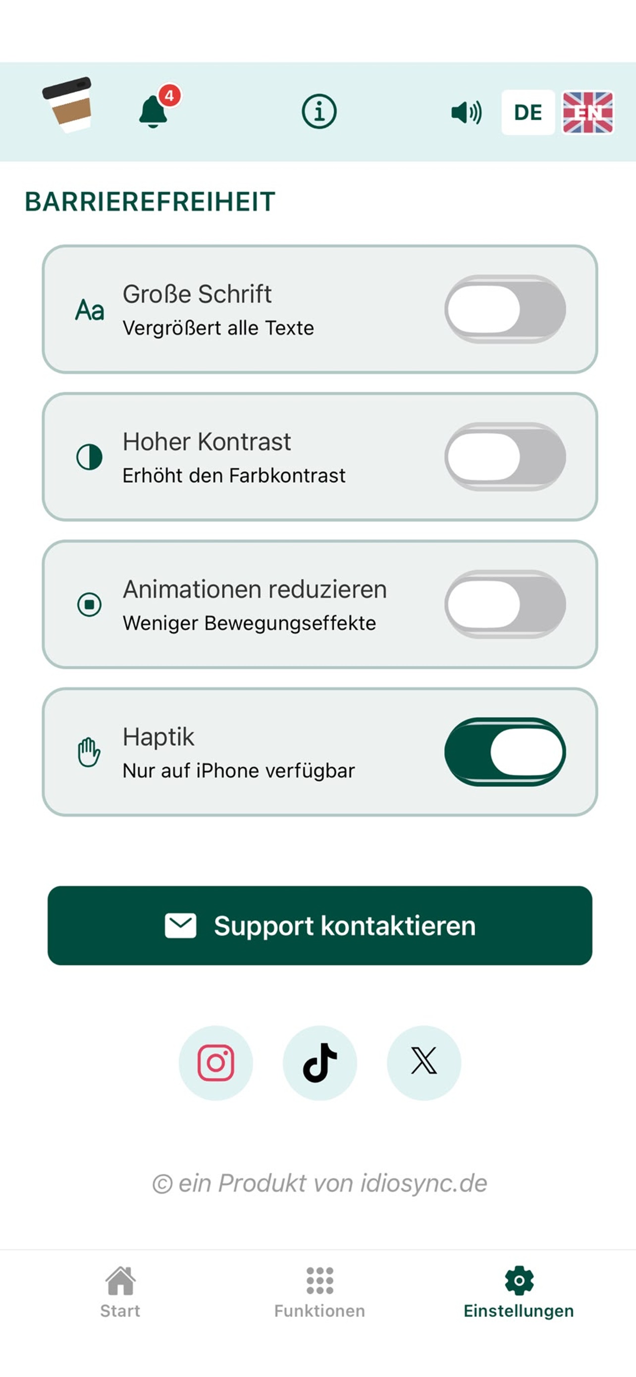 Einstellungen mit dem Bereich Barrierefreiheit: Schalter für große Schrift, hohen Kontrast, reduzierte Animationen und Haptik.