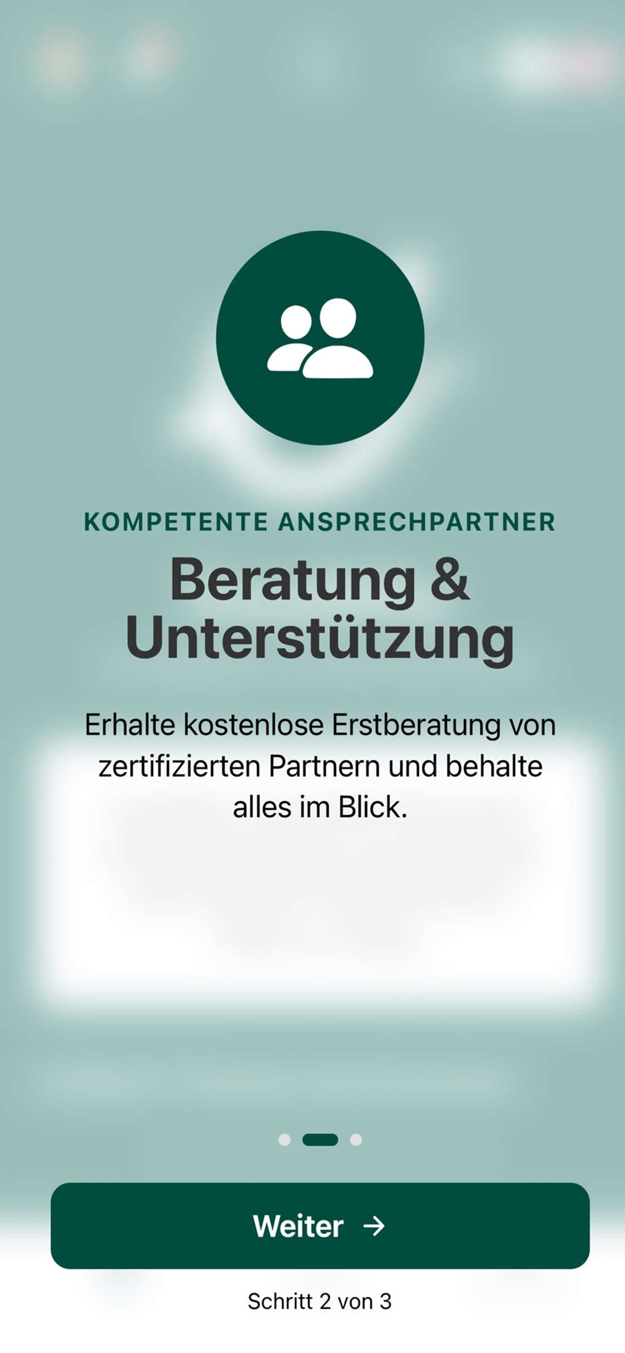 Bildschirm „Kompetente Ansprechpartner“ mit Personen-Symbol und dem Text „Beratung & Unterstützung – erhalte kostenlose Erstberatung von zertifizierten Partnern“.