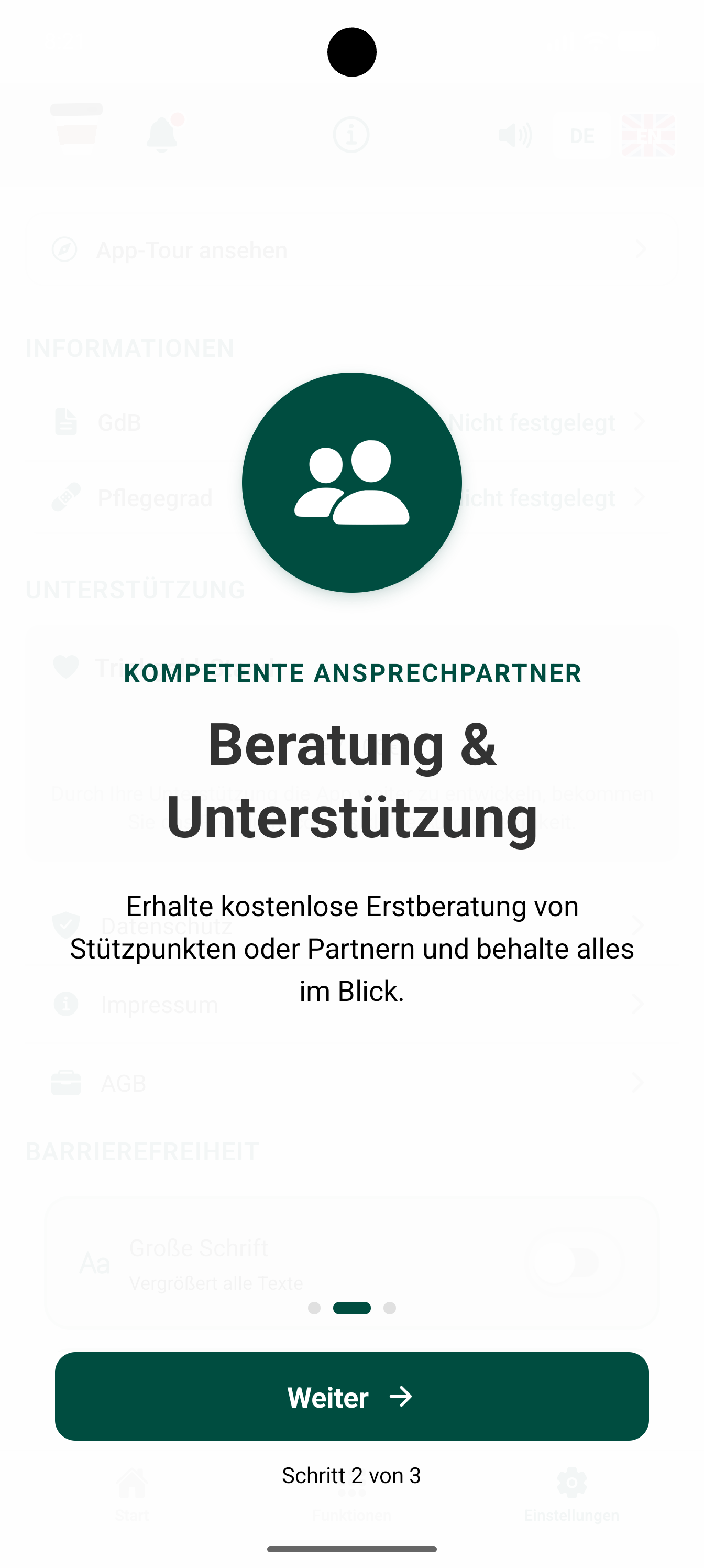 Bildschirm „Kompetente Ansprechpartner“ mit Personen-Symbol und dem Text „Beratung & Unterstützung – erhalte kostenlose Erstberatung von Stützpunkten oder Partnern“.