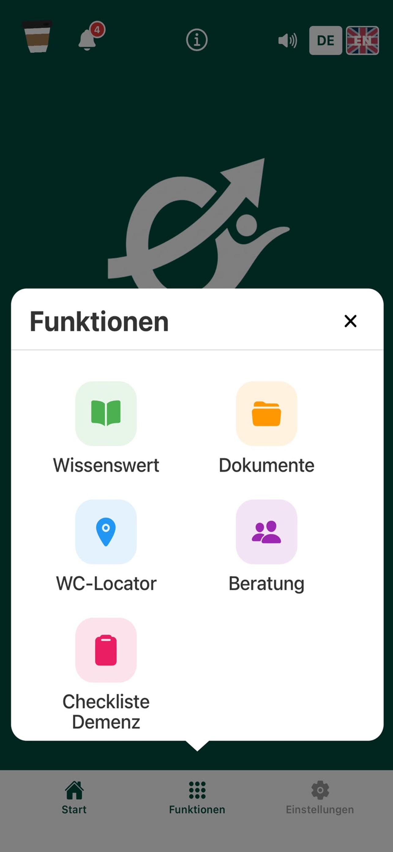 Menü „Funktionen“ mit sechs Kacheln: Wissenswert, Beratung, Dokumente, WC-Locator, Checkliste Demenz und News.