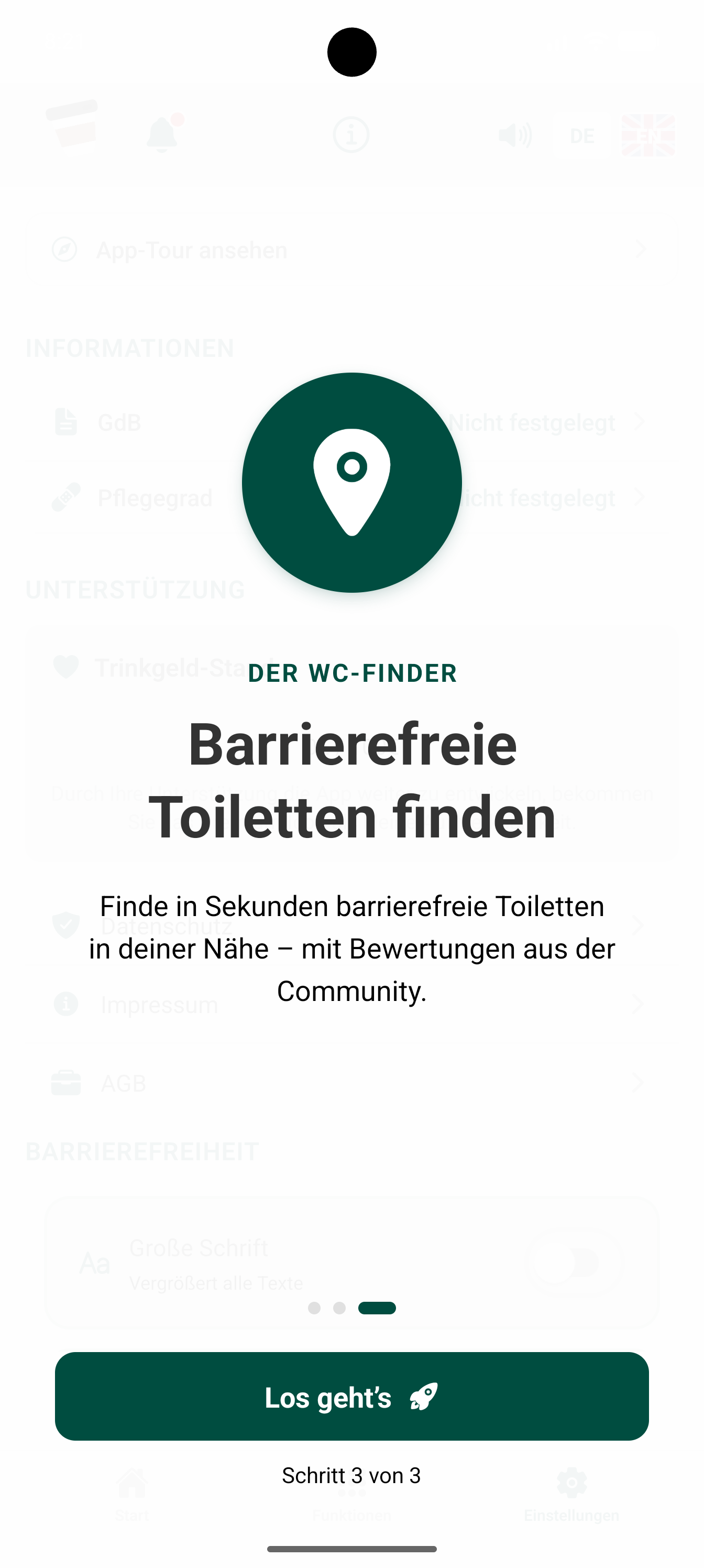 Bildschirm „Der WC-Finder“ mit Kartennadel-Symbol und dem Text „Barrierefreie Toiletten finden – finde in Sekunden barrierefreie Toiletten in deiner Nähe, mit Bewertungen aus der Community“.