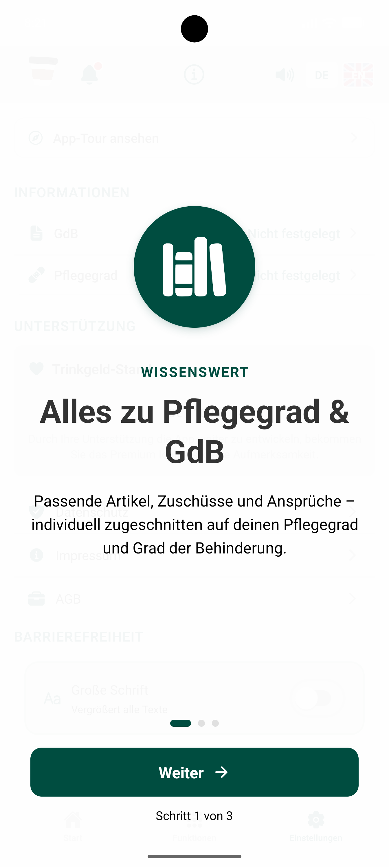 Bildschirm „Wissenswert“ mit Bücher-Symbol und dem Text „Alles zu Pflegegrad & GdB – passende Artikel, Zuschüsse und Ansprüche, individuell zugeschnitten“.