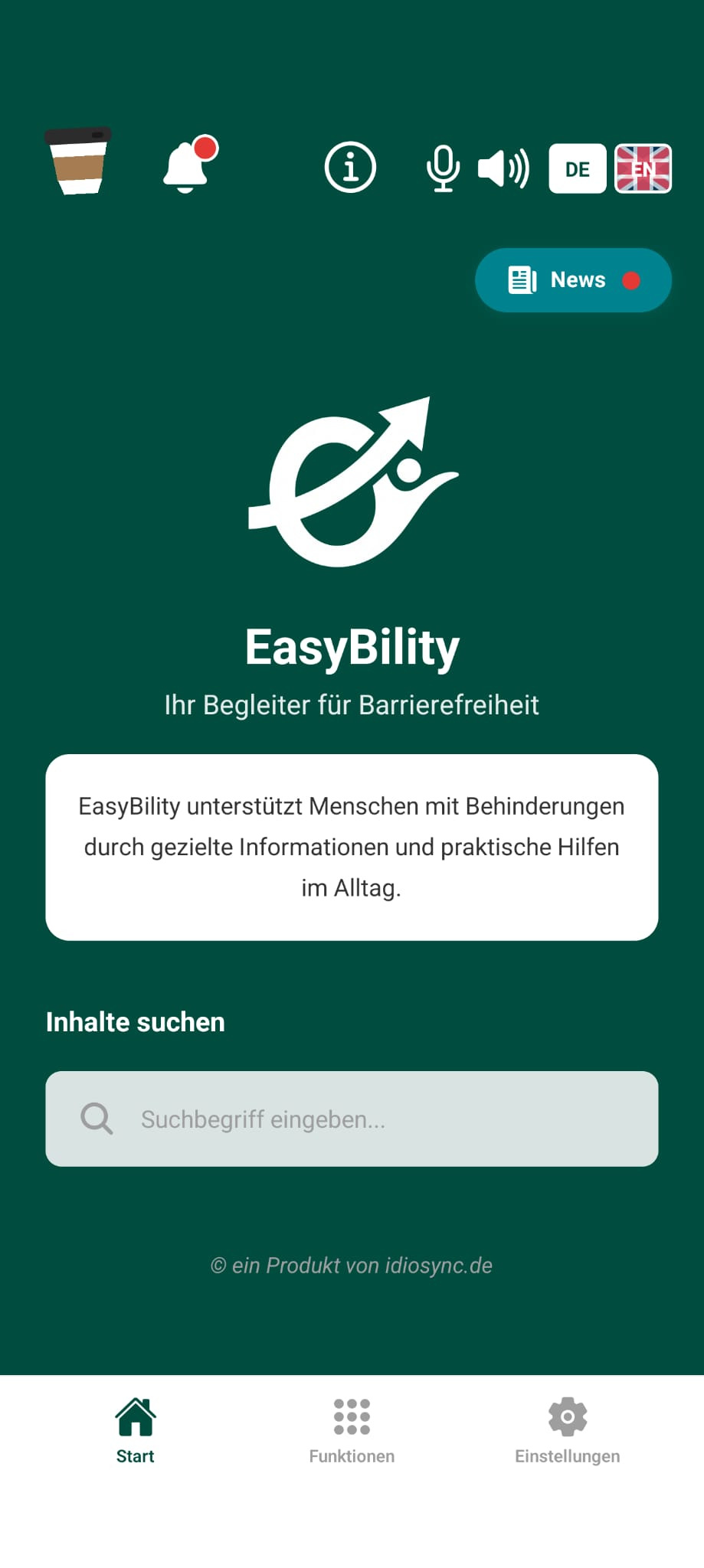 Startbildschirm der App EasyBility: Logo und Schriftzug auf dunkelgrünem Grund, darunter der Satz „EasyBility unterstützt Menschen mit Behinderungen durch gezielte Informationen und praktische Hilfen im Alltag“ und ein Suchfeld.