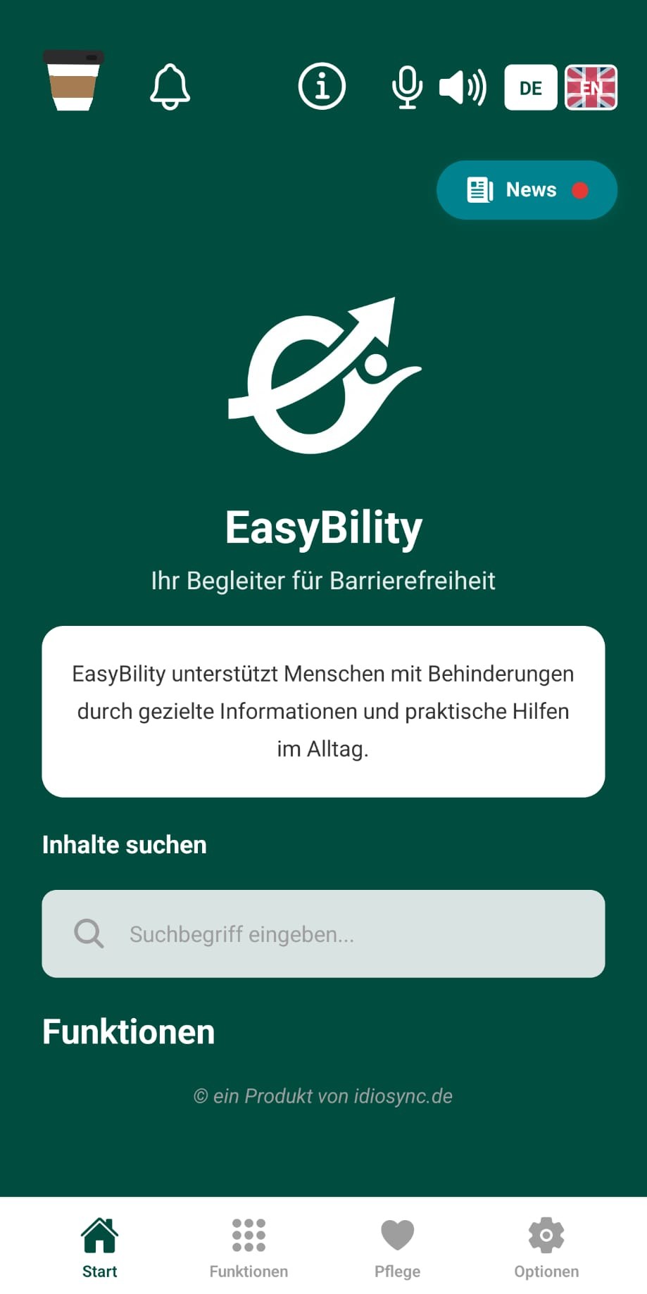 Startbildschirm der App EasyBility: Logo und Schriftzug auf dunkelgrünem Grund, darunter der Satz „EasyBility unterstützt Menschen mit Behinderungen durch gezielte Informationen und praktische Hilfen im Alltag“, ein Suchfeld und die Überschrift „Funktionen“.