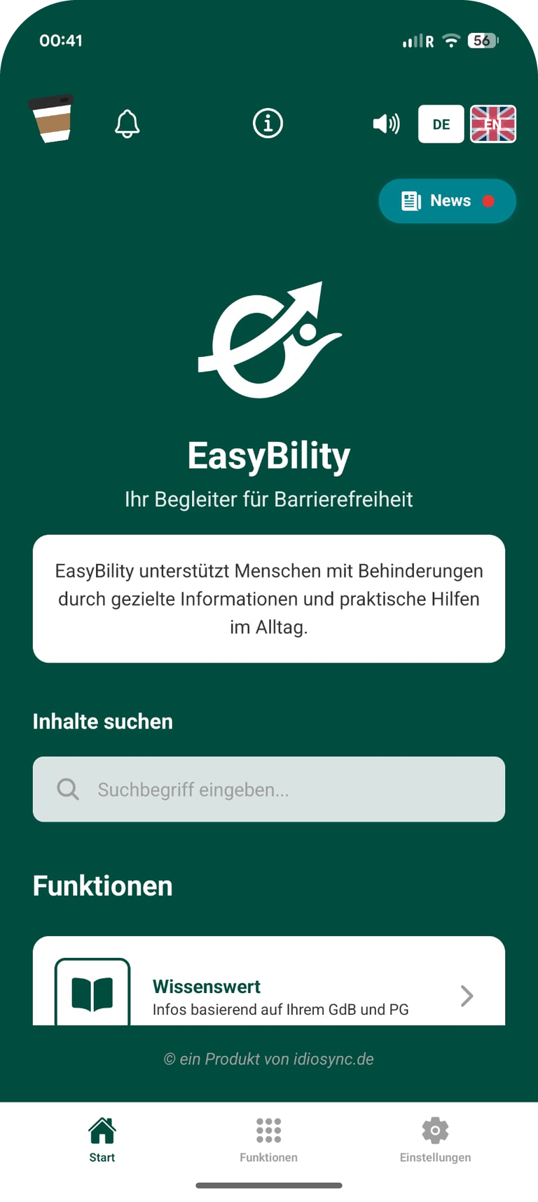 Startbildschirm der App EasyBility: Logo und Schriftzug auf dunkelgrünem Grund, darunter der Satz „EasyBility unterstützt Menschen mit Behinderungen durch gezielte Informationen und praktische Hilfen im Alltag“, ein Suchfeld und der Beginn der Funktionsliste mit „Wissenswert“.