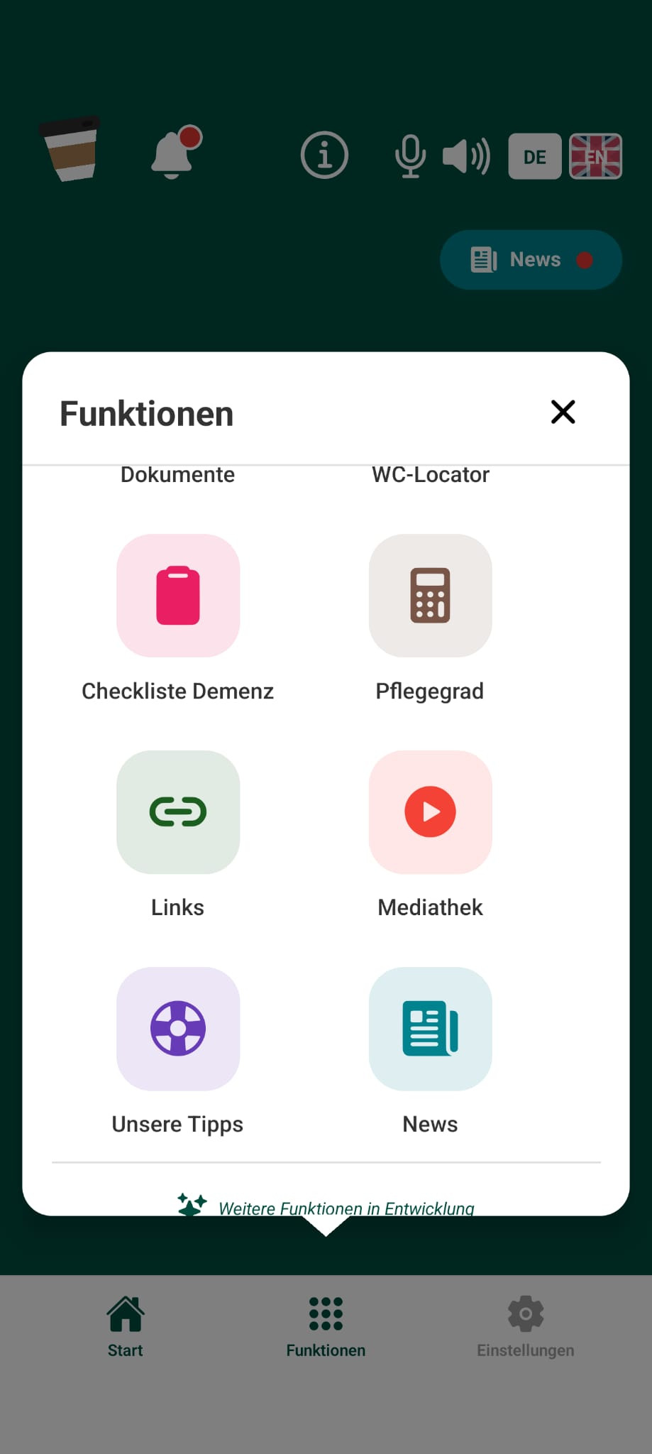 Übersicht „Funktionen“: farbige Kacheln für Dokumente, WC-Locator, Checkliste Demenz, Pflegegrad, Links, Mediathek, Unsere Tipps und News, darunter der Hinweis „Weitere Funktionen in Entwicklung“.