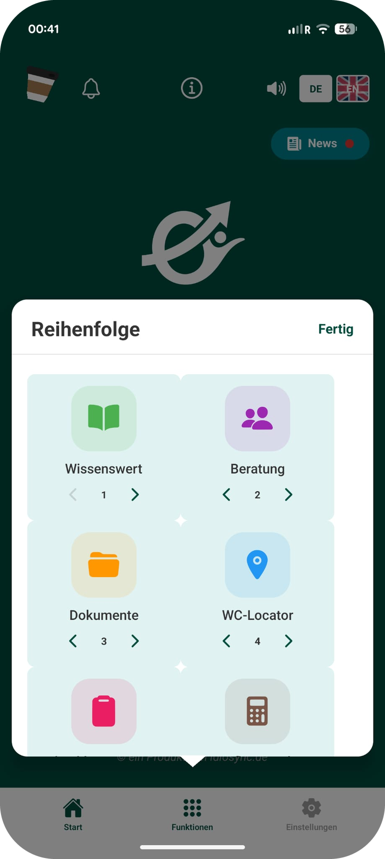 Dialog „Reihenfolge“: die Funktionskacheln Wissenswert, Beratung, Dokumente und WC-Locator lassen sich über Pfeiltasten in die gewünschte Reihenfolge bringen.