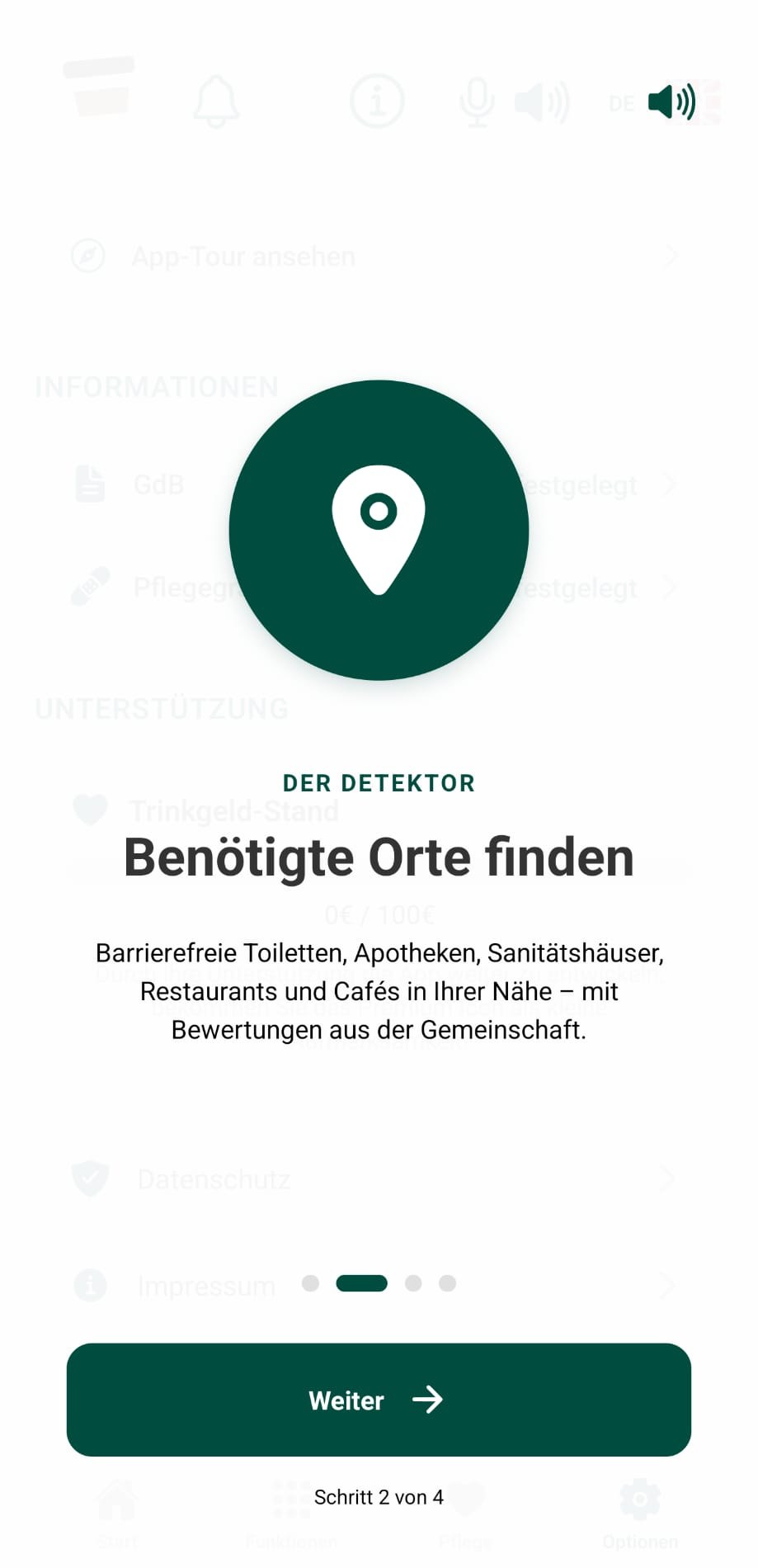 Zweiter Schritt der App-Tour, Der Detektor: eine Kartennadel als Symbol, die Überschrift „Benötigte Orte finden“ und der Text „Barrierefreie Toiletten, Apotheken, Sanitätshäuser, Restaurants und Cafés in Ihrer Nähe – mit Bewertungen aus der Gemeinschaft“.