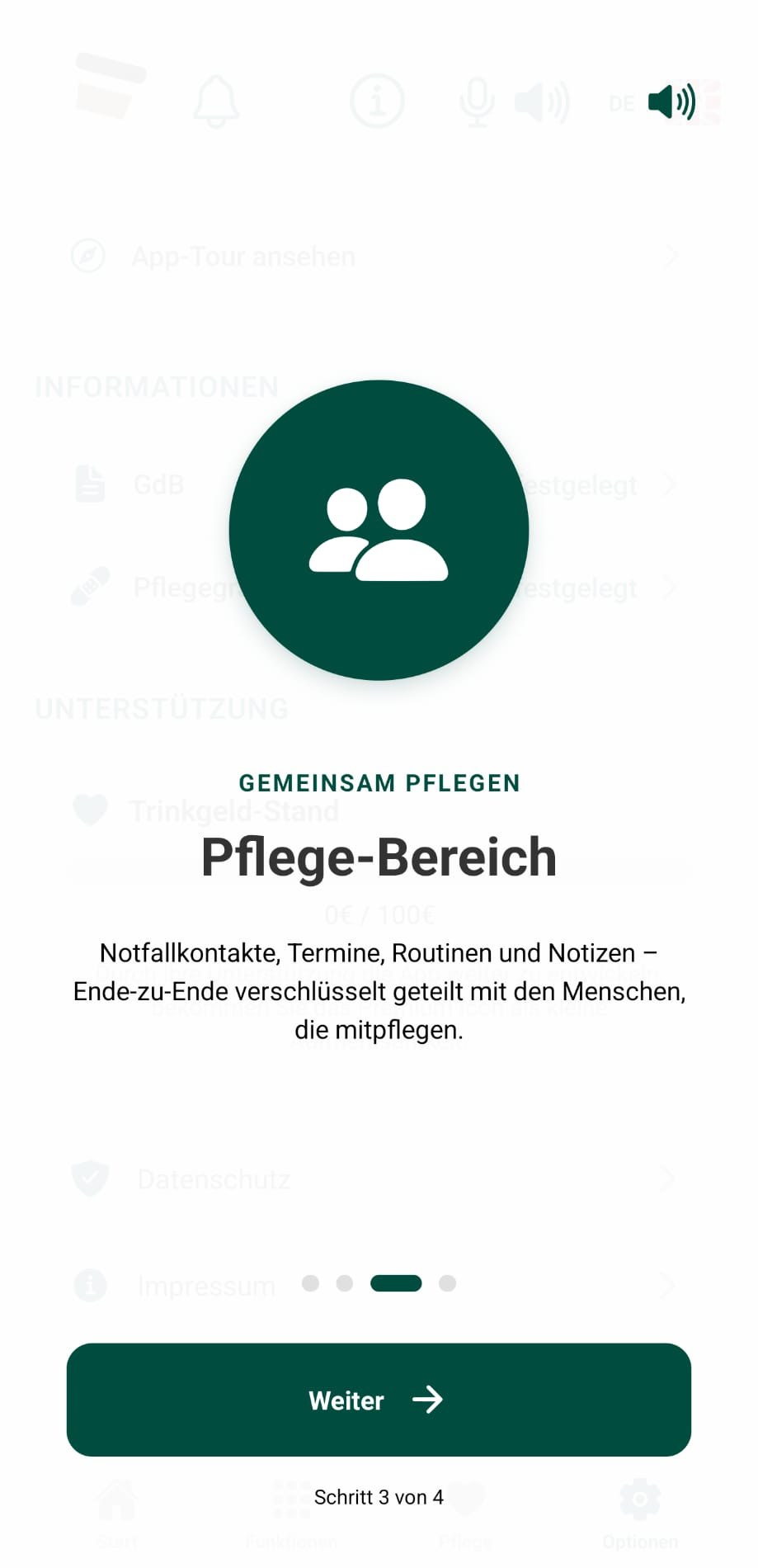Dritter Schritt der App-Tour, Gemeinsam pflegen: zwei Personen als Symbol, die Überschrift „Pflege-Bereich“ und der Text „Notfallkontakte, Termine, Routinen und Notizen – Ende-zu-Ende verschlüsselt geteilt mit den Menschen, die mitpflegen“.