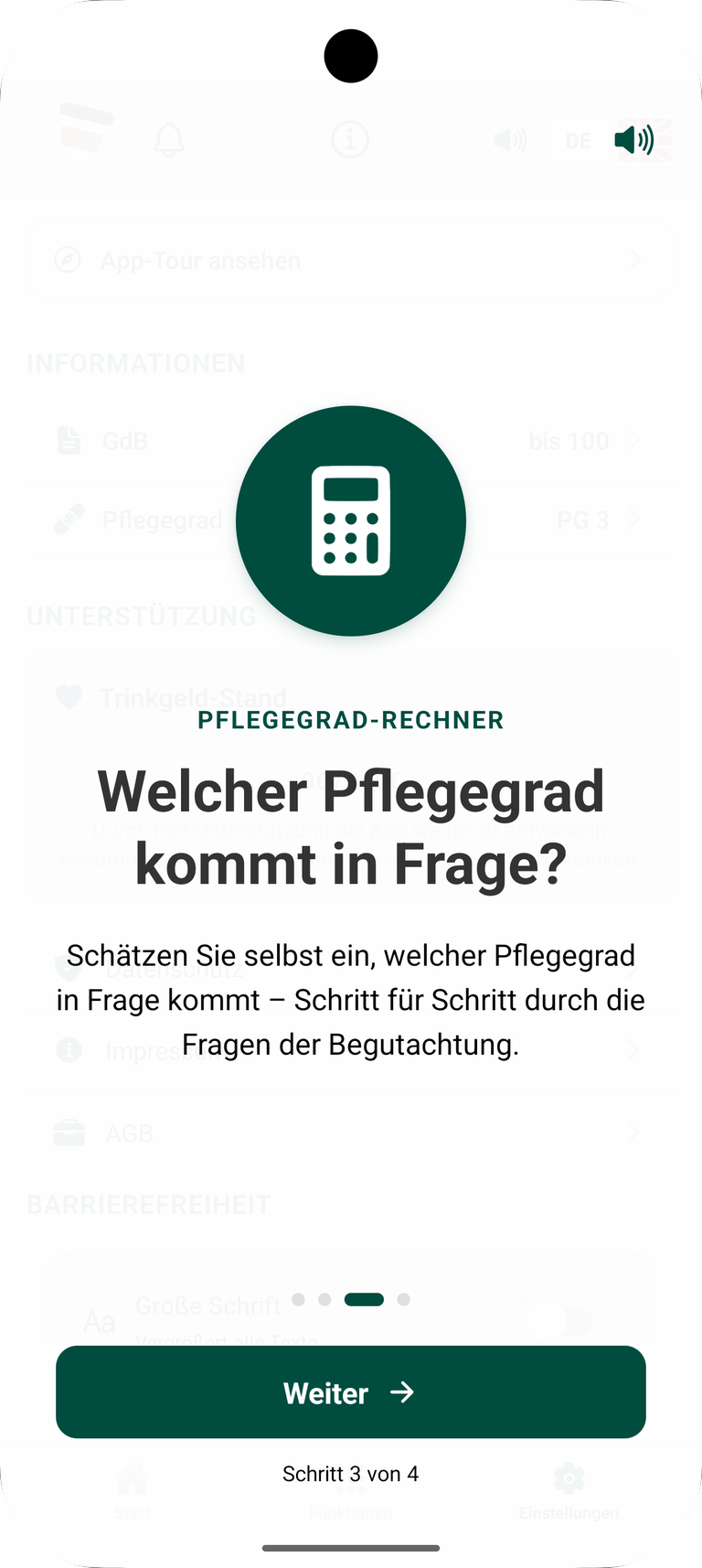 Dritter Schritt der App-Tour, Pflegegrad-Rechner: ein Taschenrechner als Symbol, die Überschrift „Welcher Pflegegrad kommt in Frage?“ und der Text „Schätzen Sie selbst ein, welcher Pflegegrad in Frage kommt – Schritt für Schritt durch die Fragen der Begutachtung“.