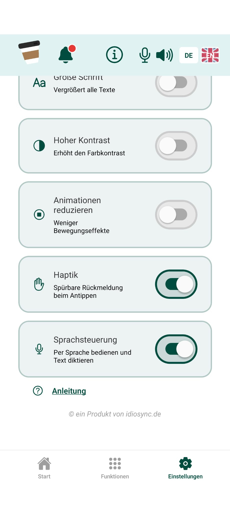 Einstellungen mit dem Bereich Barrierefreiheit: Schalter für große Schrift, hohen Kontrast, reduzierte Animationen, Haptik und Sprachsteuerung, darunter der Verweis „Anleitung“.