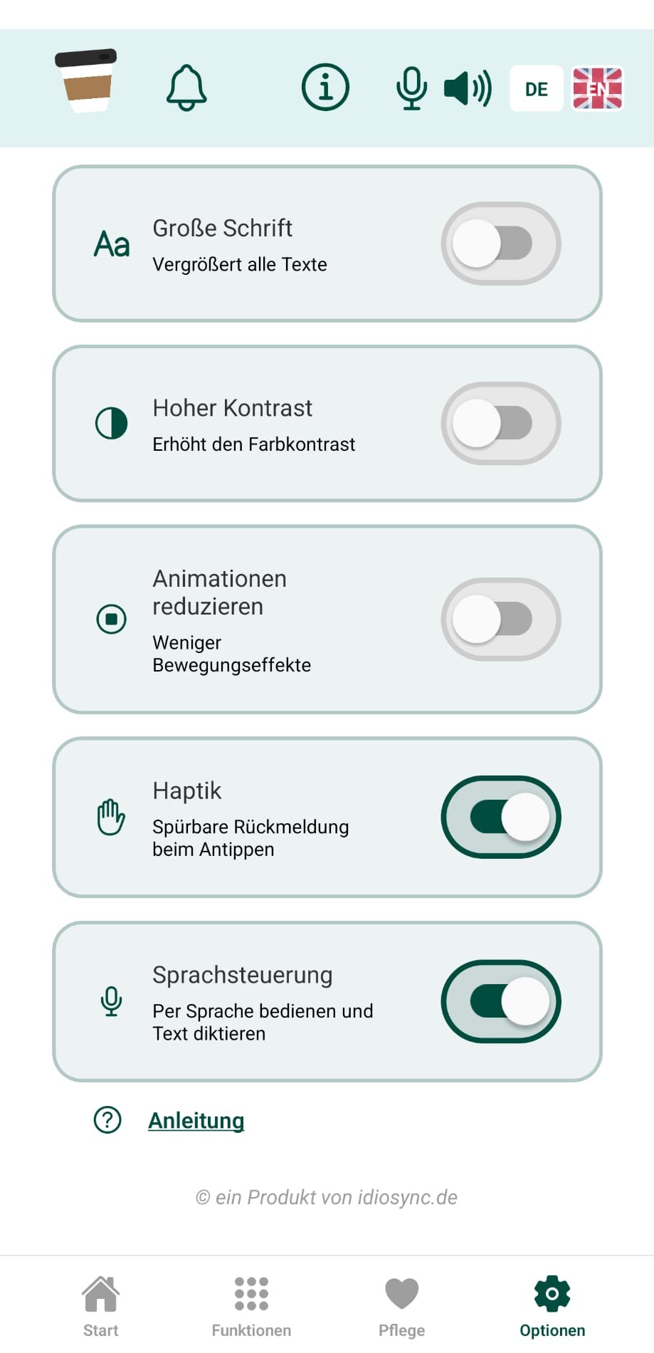 Optionen mit den Schaltern für Barrierefreiheit: große Schrift, hoher Kontrast, Animationen reduzieren, Haptik und Sprachsteuerung – die beiden letzten eingeschaltet. Darunter der Verweis „Anleitung“.
