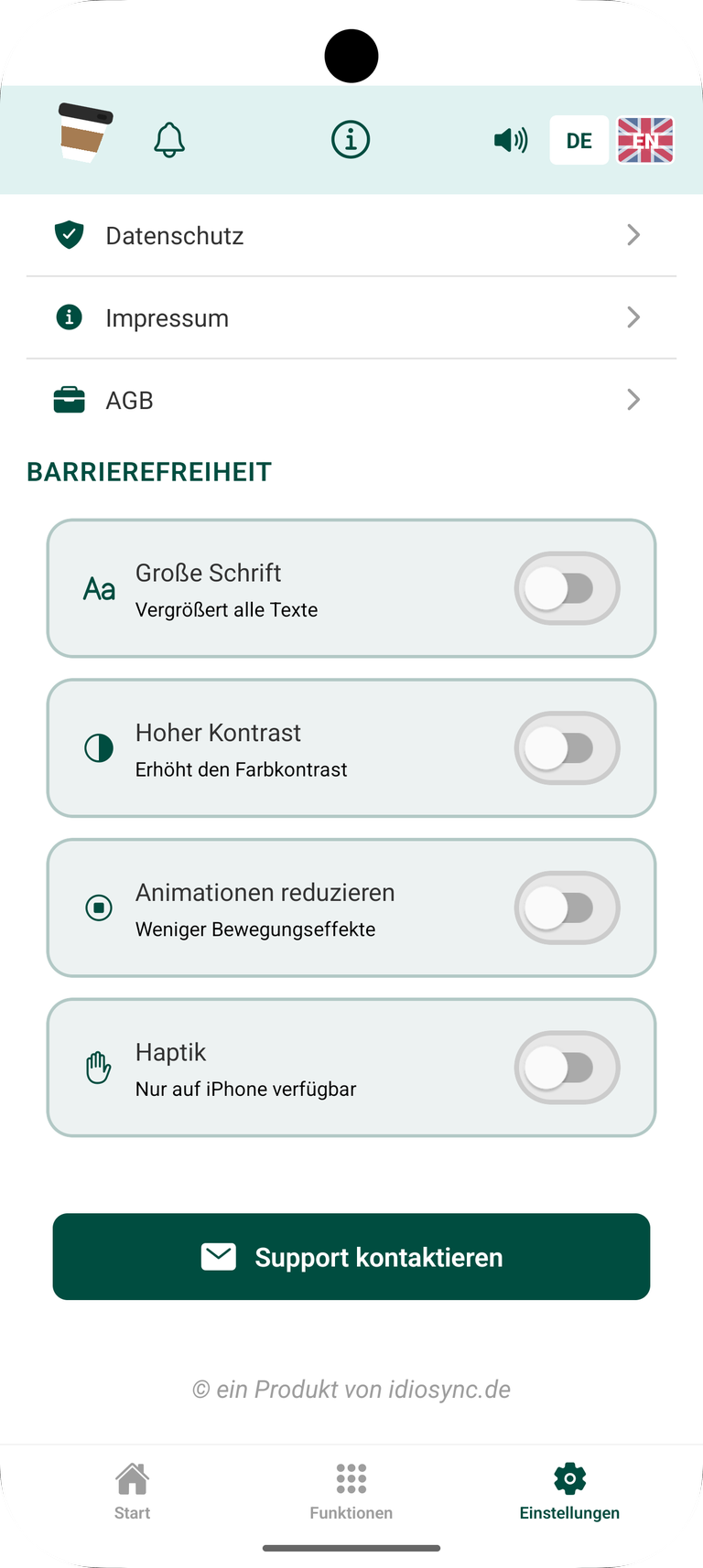 Einstellungen mit dem Bereich Barrierefreiheit: Schalter für große Schrift, hohen Kontrast, reduzierte Animationen und Haptik, darunter der Knopf „Support kontaktieren“.