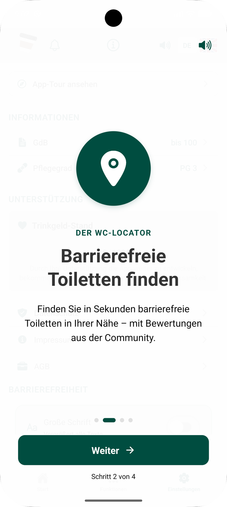 Zweiter Schritt der App-Tour, Der WC-Locator: eine Kartennadel als Symbol, die Überschrift „Barrierefreie Toiletten finden“ und der Text „Finden Sie in Sekunden barrierefreie Toiletten in Ihrer Nähe – mit Bewertungen aus der Community“.