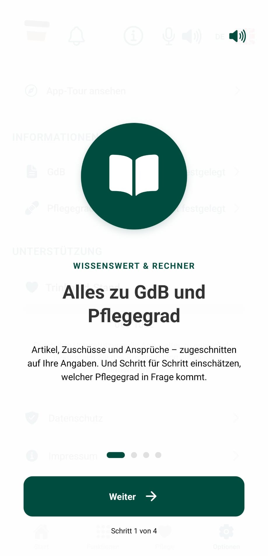 Erster Schritt der App-Tour, Wissenswert und Rechner: ein aufgeschlagenes Buch als Symbol, die Überschrift „Alles zu GdB und Pflegegrad“ und der Text „Artikel, Zuschüsse und Ansprüche – zugeschnitten auf Ihre Angaben. Und Schritt für Schritt einschätzen, welcher Pflegegrad in Frage kommt“.