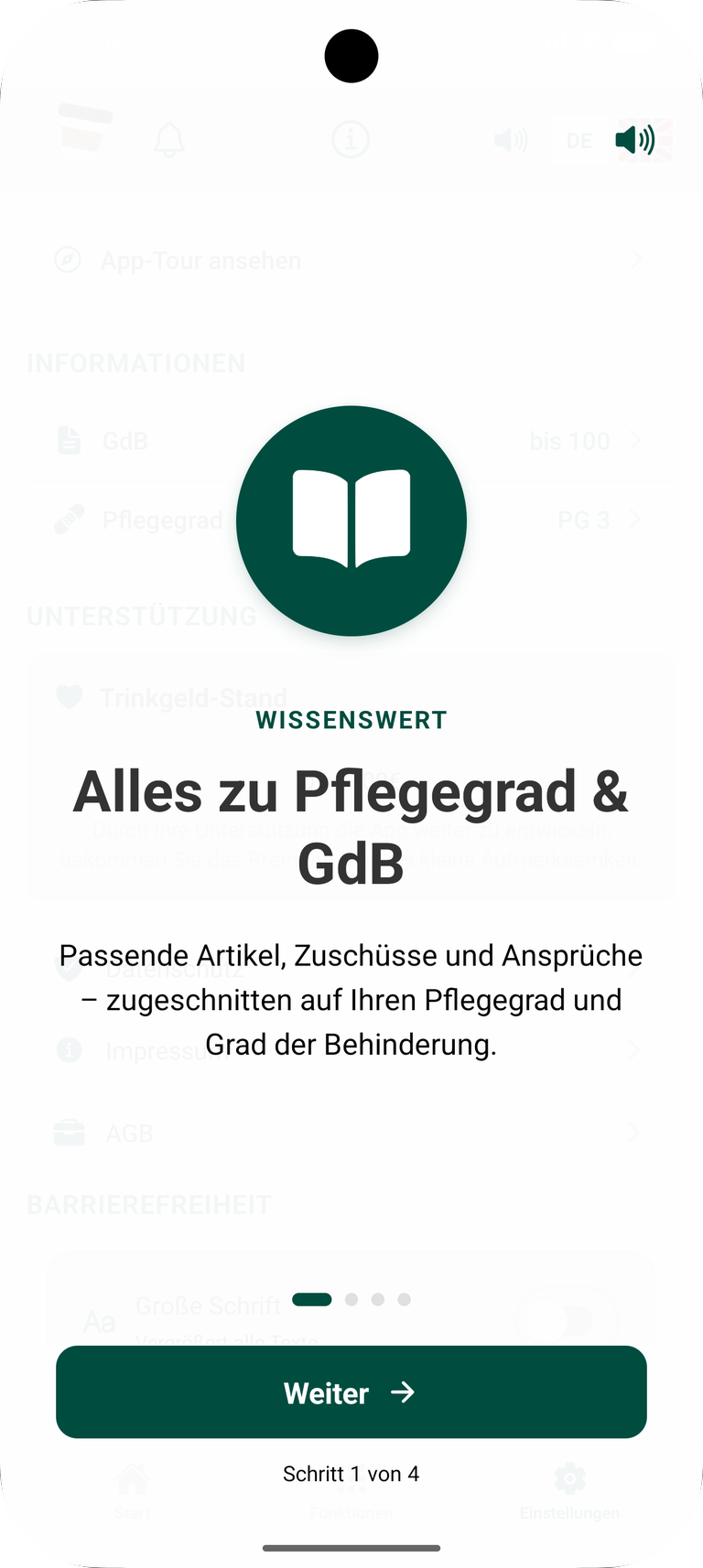 Erster Schritt der App-Tour, Bereich Wissenswert: ein aufgeschlagenes Buch als Symbol, die Überschrift „Alles zu Pflegegrad & GdB“ und der Text „Passende Artikel, Zuschüsse und Ansprüche – zugeschnitten auf Ihren Pflegegrad und Grad der Behinderung“.